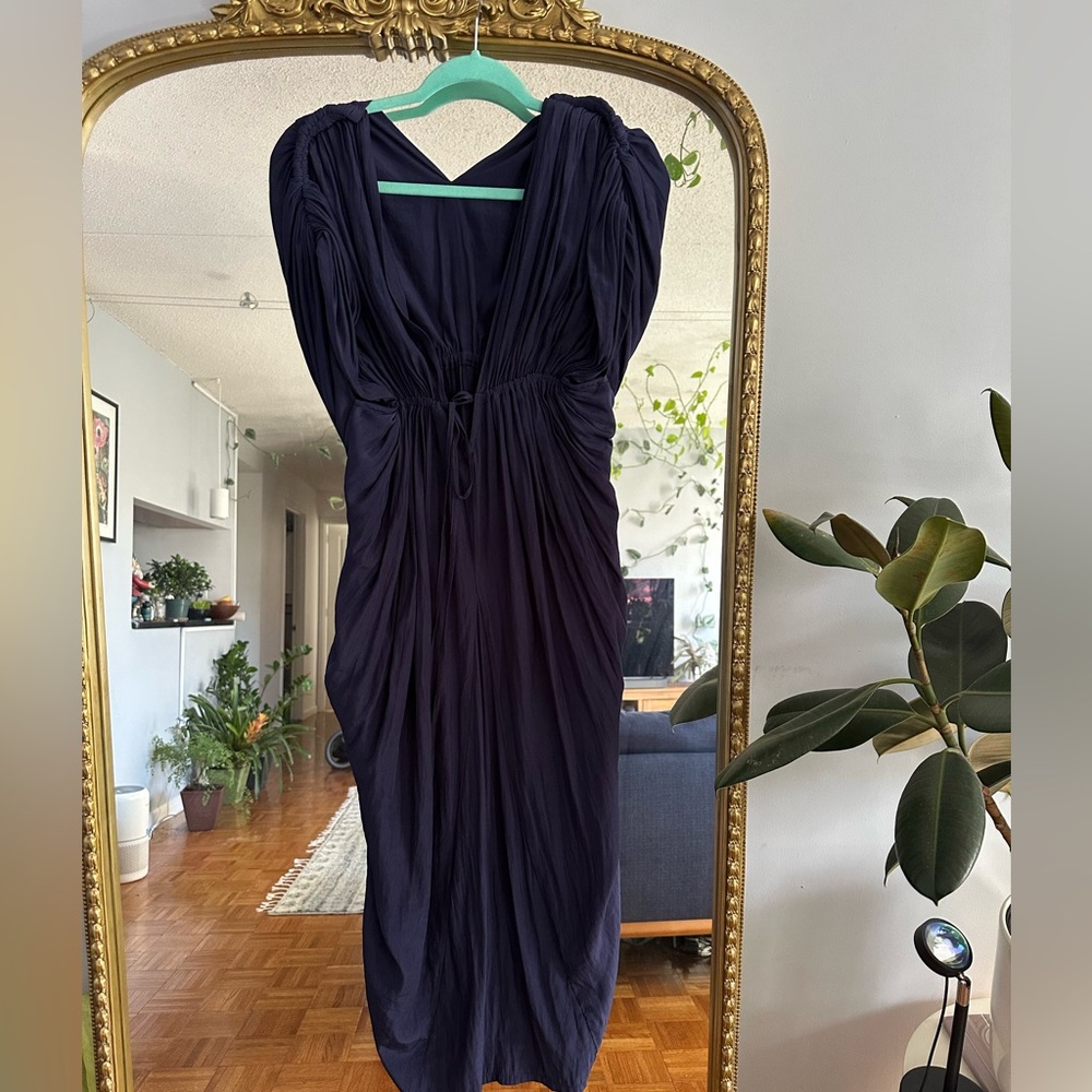 Malia mills Elegant Navy Blue Ruched V-Neck Dress Small